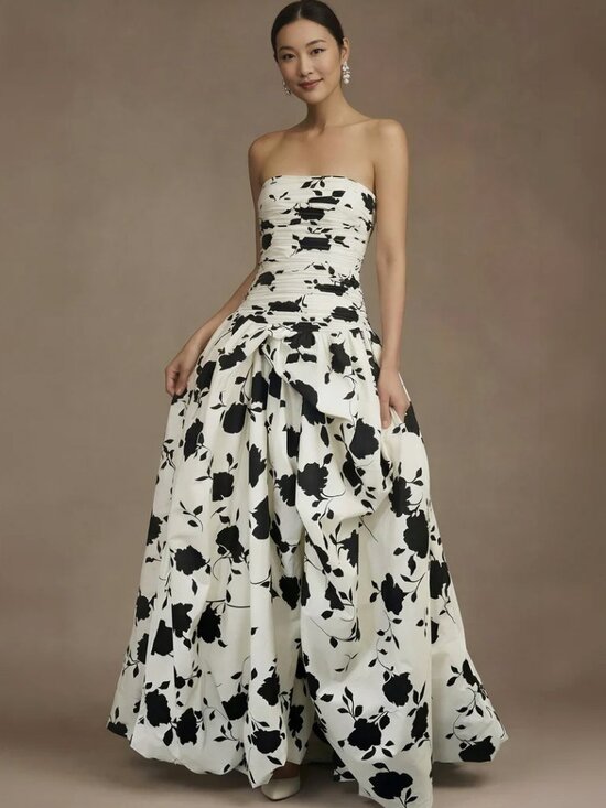 New York & Company Dresses & Skirts - New York & Co Black & Ivory Strapless Ruched Bodice Rose High Low Gown - L